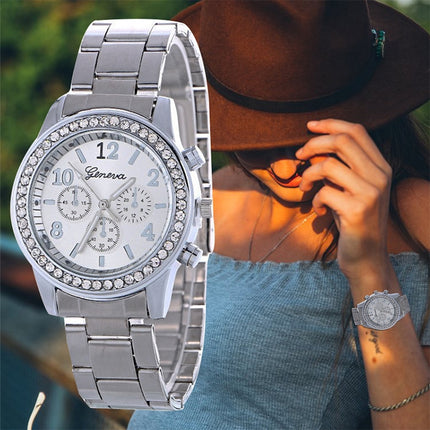 Women Alloy Diamond Stainless Steel Belt Watch(Silver with Diamond)-garmade.com