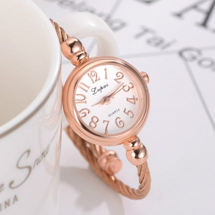 Lvpai Ladies Retro Round Large Dial Alloy Twisted Thin Chain Watch(P433Rose Gold)-garmade.com