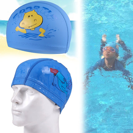 Children Cartoon Hippo Pattern PU Coated Waterproof Swimming Cap(Blue)-garmade.com