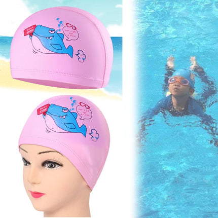 Children Waterproof Hair Care PU Coated Cartoon Pattern Swimming Cap(Blue Shark)-garmade.com