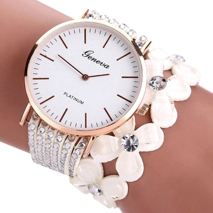 Women Round Dial Flower Diamond Studs Bracelet Watch(Black)-garmade.com