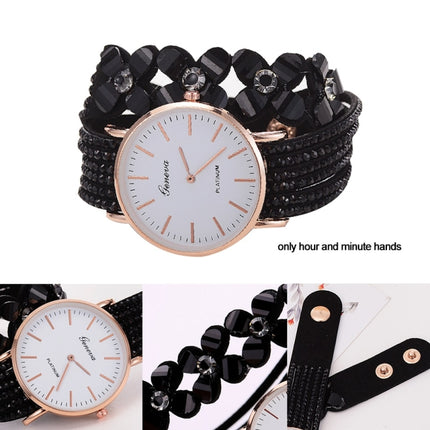 Women Round Dial Flower Diamond Studs Bracelet Watch(Black)-garmade.com
