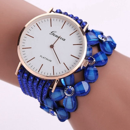 Women Round Dial Flower Diamond Studs Bracelet Watch(Blue)-garmade.com