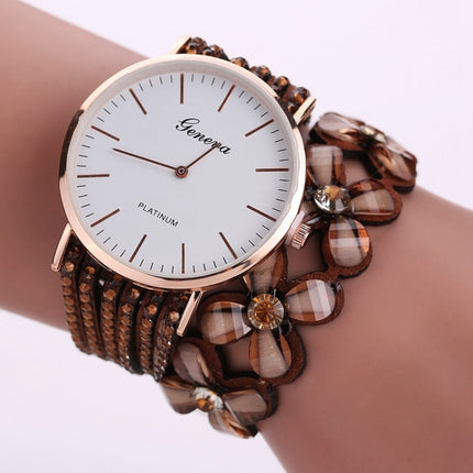 Women Round Dial Flower Diamond Studs Bracelet Watch(Purple)-garmade.com