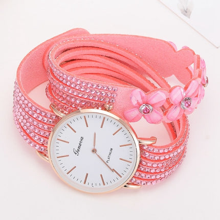 Women Round Dial Flower Diamond Studs Bracelet Watch(Red)-garmade.com
