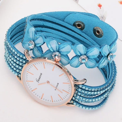 Women Round Dial Flower Diamond Studs Bracelet Watch(Light Blue)-garmade.com