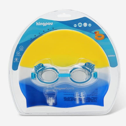 KingpouSports K9002 5 in 1 Children Anti-fog Diving Swimming Goggles + Swimming Cap + Nose Clip + Earplugs + Mirror Buckle Set(Blue Fish)-garmade.com