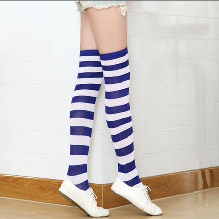 Children Color Striped Stockings Japanese Thigh Socks, Size:One Size(Navy Blue and White Wide Strip)-garmade.com