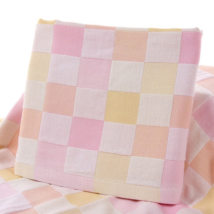 Double Gauze Cotton Bath Towel Adult Baby Water-absorbing Quick-drying Bath Towel(Pink Grid)-garmade.com