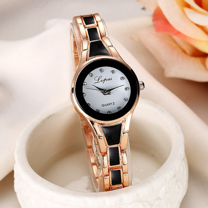 Lvpai Round Dial Two-Color Stainless Steel Strap Bracelet Quartz Watch for Women(Gold Black)-garmade.com