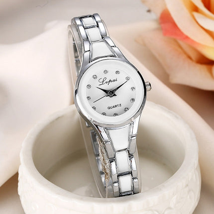 Lvpai Round Dial Two-Color Stainless Steel Strap Bracelet Quartz Watch for Women(Silver White)-garmade.com