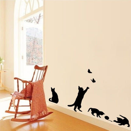 Cat Playing Butterfly Wall Sticker Detachable Decorative Applique Bedroom Kitchen Decoration-garmade.com