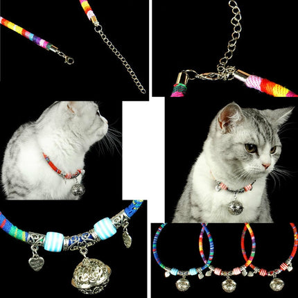 5 PCS Cat Bell Collar Handmade Cat Dog National Style Necklace, Size:Medium 26+7cm(Red)-garmade.com