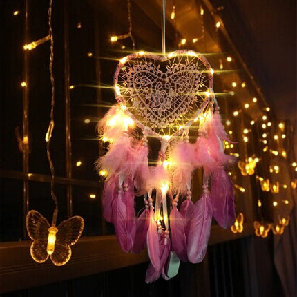 Creative Hand-Woven Crafts Dream Catcher Home Car Wall Hanging Decoration, Type:With Light(Dark Pink)-garmade.com