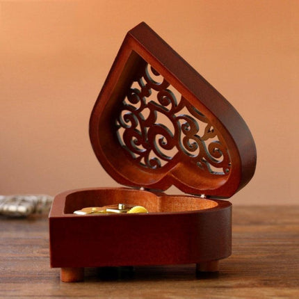 2 PCS Creative Heart Shaped Vintage Wood Carved Mechanism Musical Box Wind Up Music Box Gift, Golden Movement(Happy Birthday)-garmade.com