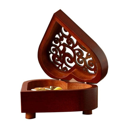 2 PCS Creative Heart Shaped Vintage Wood Carved Mechanism Musical Box Wind Up Music Box Gift, Golden Movement(Spirited Away)-garmade.com