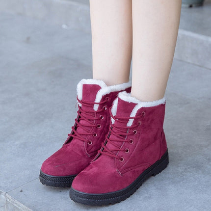 Ladies Cotton Shoes Plus Velvet Snow Boots, Size:35(Red Wine)-garmade.com