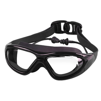 J8150 Eye Protection Flat Light Adult waterproof Anti-fog Big Frame Swimming Goggles with Earplugs(Transparent Black)-garmade.com