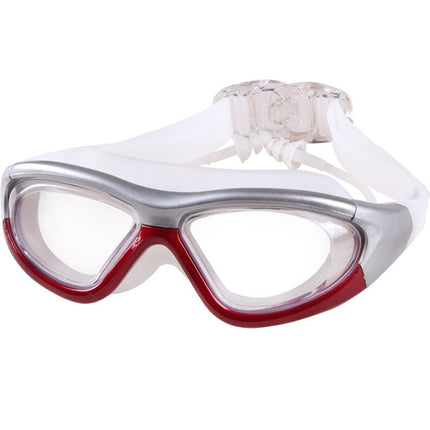 J8150 Eye Protection Flat Light Adult waterproof Anti-fog Big Frame Swimming Goggles with Earplugs(Transparent Red Silver)-garmade.com