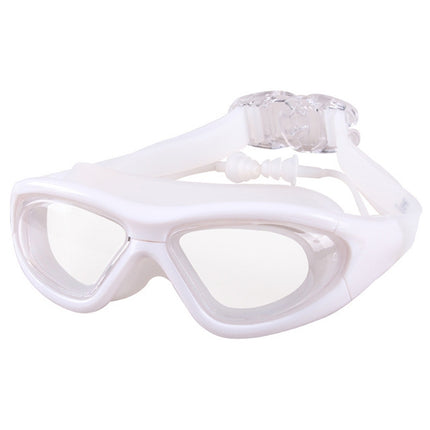 J8150 Eye Protection Flat Light Adult waterproof Anti-fog Big Frame Swimming Goggles with Earplugs(Transparent White)-garmade.com