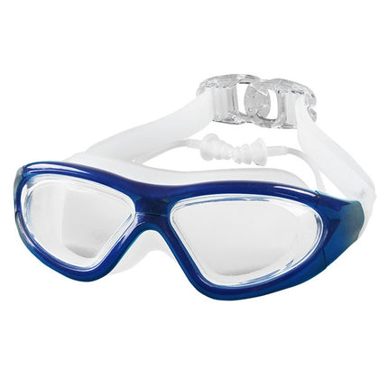 J8150 Eye Protection Flat Light Adult waterproof Anti-fog Big Frame Swimming Goggles with Earplugs(Transparent Blue)-garmade.com