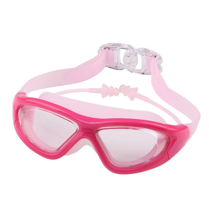 J8150 Eye Protection Flat Light Adult waterproof Anti-fog Big Frame Swimming Goggles with Earplugs(Transparent Pink)-garmade.com