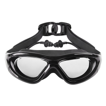 J8150 Eye Protection Flat Light Adult waterproof Anti-fog Big Frame Swimming Goggles with Earplugs(Smoky Black)-garmade.com