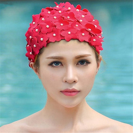 Pearl Three-dimensional Handmade Flower Swimming Cap for Women(Red)-garmade.com