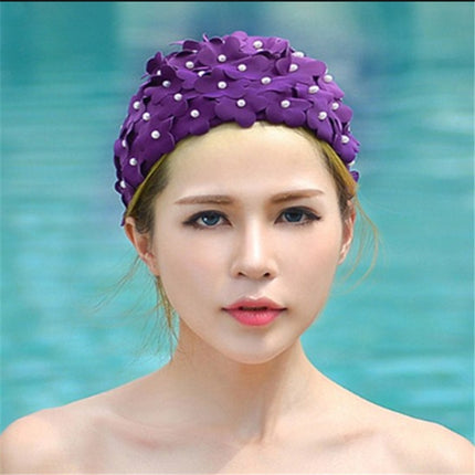 Pearl Three-dimensional Handmade Flower Swimming Cap for Women(Purple)-garmade.com