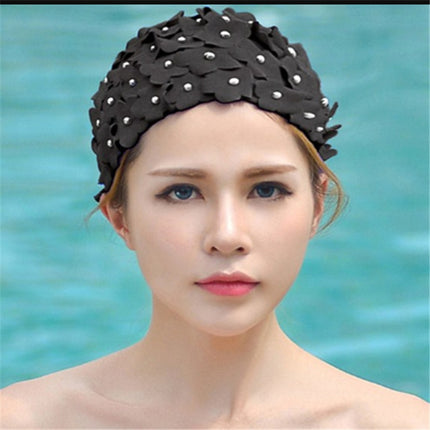 Pearl Three-dimensional Handmade Flower Swimming Cap for Women(Black)-garmade.com