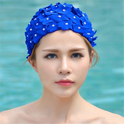 Pearl Three-dimensional Handmade Flower Swimming Cap for Women(Royal Blue)-garmade.com