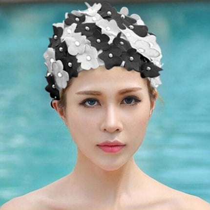 Pearl Three-dimensional Handmade Flower Swimming Cap for Women(Black White)-garmade.com