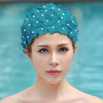 Pearl Three-dimensional Handmade Flower Swimming Cap for Women(Lake Blue)-garmade.com