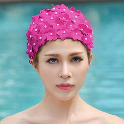 Pearl Three-dimensional Handmade Flower Swimming Cap for Women(Rose Red)-garmade.com