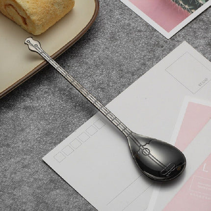 Stainless Steel Coffee Mixing Spoon Creative Musical Instrument Shape Spoon, Style:Lute, Color:Titanium Black-garmade.com