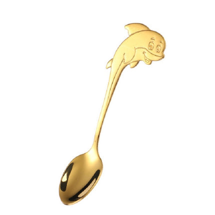 2 PCS Stainless Steel Dolphin Shape Cartoon Coffee Stirring Spoon Ice Cream Spoon Child Feeding Spoon(Gold)-garmade.com