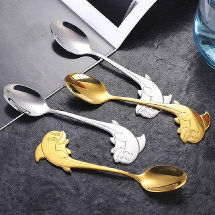 2 PCS Stainless Steel Dolphin Shape Cartoon Coffee Stirring Spoon Ice Cream Spoon Child Feeding Spoon(Gold)-garmade.com