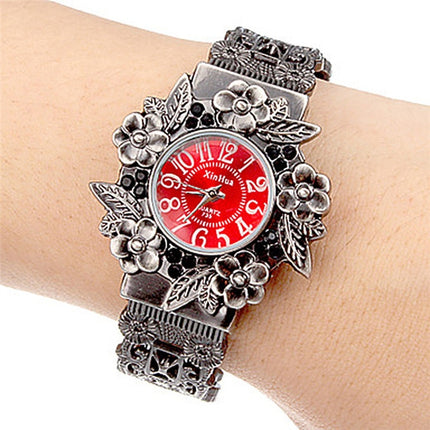 Retro Embossed Flower Bracelet Quartz Watch for Women(Red)-garmade.com