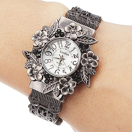 Retro Embossed Flower Bracelet Quartz Watch for Women(Silver White)-garmade.com