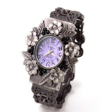 Retro Embossed Flower Bracelet Quartz Watch for Women(Purple)-garmade.com