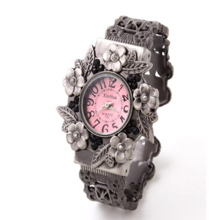 Retro Embossed Flower Bracelet Quartz Watch for Women(Pink)-garmade.com