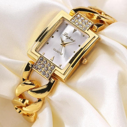 Square Dial Diamond Plated Hollow Alloy Bracelet Strap Quartz Watch for Women(Gold belt white surface)-garmade.com