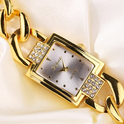Square Dial Diamond Plated Hollow Alloy Bracelet Strap Quartz Watch for Women(Gold belt white surface)-garmade.com