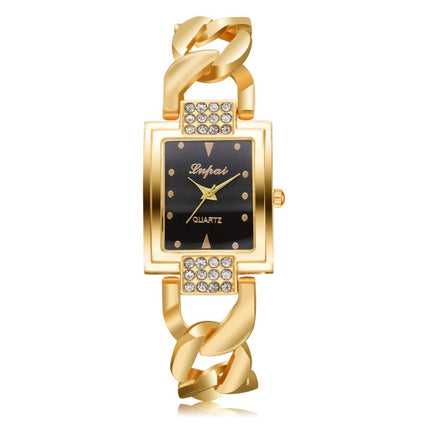 Square Dial Diamond Plated Hollow Alloy Bracelet Strap Quartz Watch for Women(Gold belt black surface)-garmade.com
