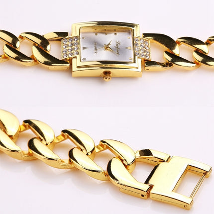 Square Dial Diamond Plated Hollow Alloy Bracelet Strap Quartz Watch for Women(Gold belt black surface)-garmade.com