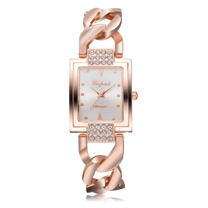 Square Dial Diamond Plated Hollow Alloy Bracelet Strap Quartz Watch for Women(Rose gold white flour)-garmade.com