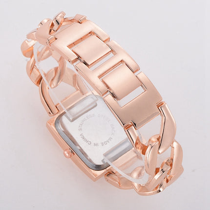 Square Dial Diamond Plated Hollow Alloy Bracelet Strap Quartz Watch for Women(Rose gold white flour)-garmade.com
