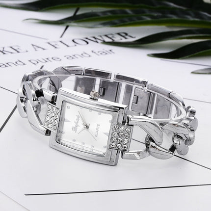 Square Dial Diamond Plated Hollow Alloy Bracelet Strap Quartz Watch for Women(Silver band white surface)-garmade.com