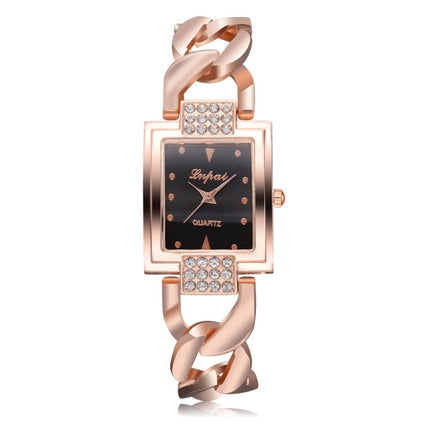 Square Dial Diamond Plated Hollow Alloy Bracelet Strap Quartz Watch for Women(Rose gold black surface)-garmade.com