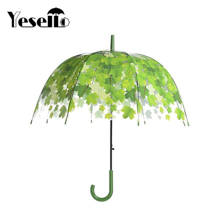Green Leaf Transparent Umbrella Straight Rod Crooked Umbrella(Red)-garmade.com